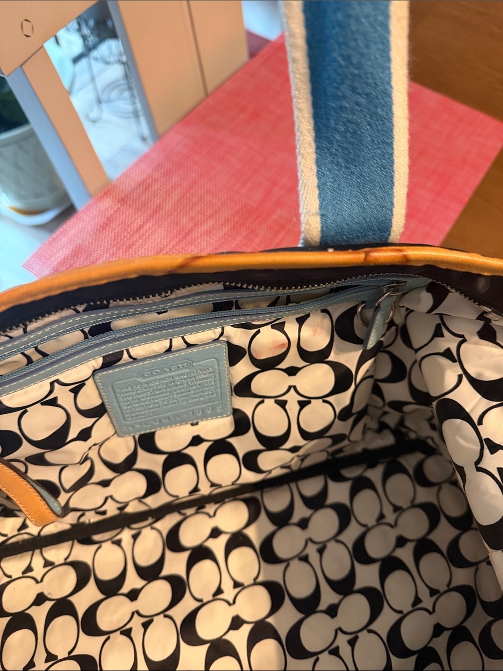 Coach Black Nylon Tote with Light Blue Trim and Yellow Piping - Picture 3 of 3